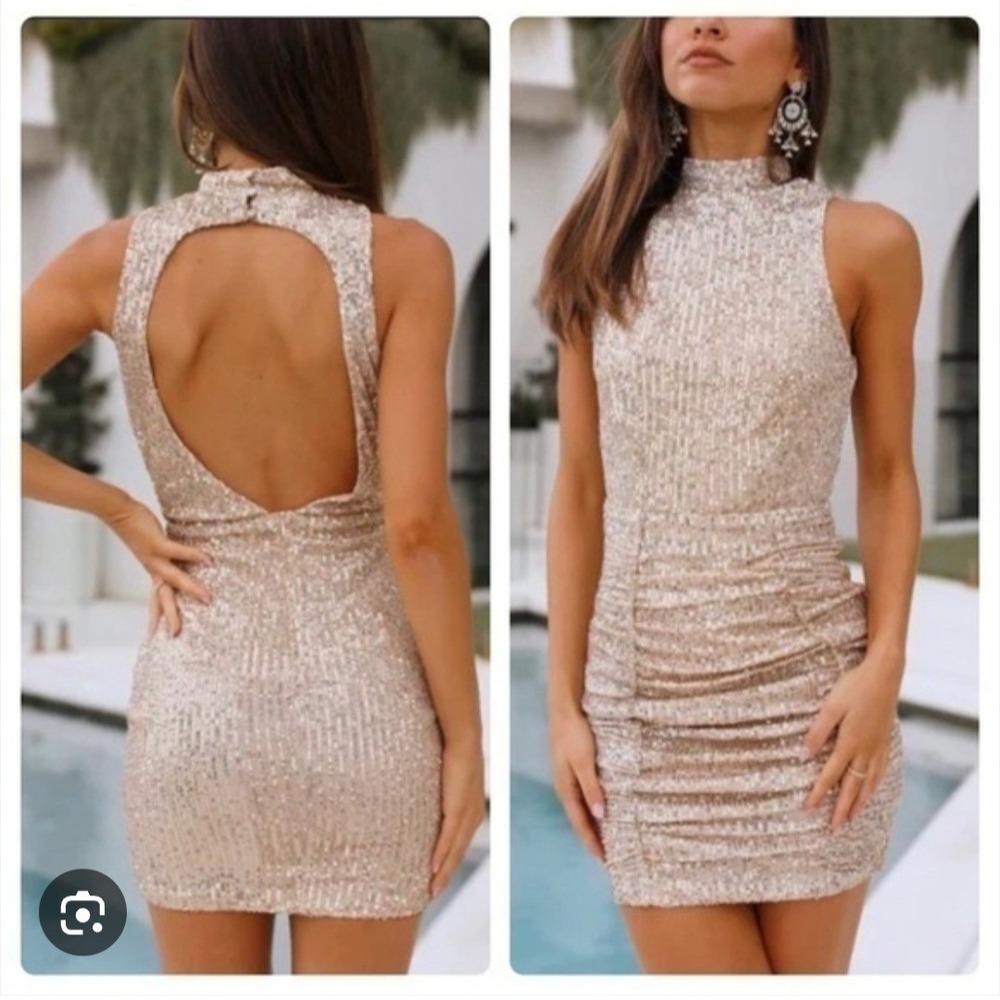 NWT Angel Biba Gold Sequin Open Back Mini Dress High Neck Ruched Bodycon Size L